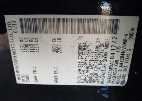 2010 Nissan Maxima 3.5 Sv z USA, uszkodzony, nr VIN 1N4AA5APXAC843722